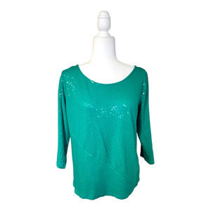 Calvin Klein Sz L Green ¾ Sleeve Sequin Top
